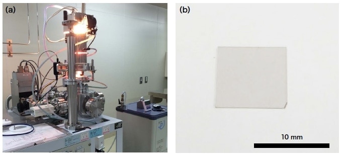 (a) Photograph of the ultra high-speed high-temperature infrared heating unit.(b) A single-crystal single-layer graphene sample