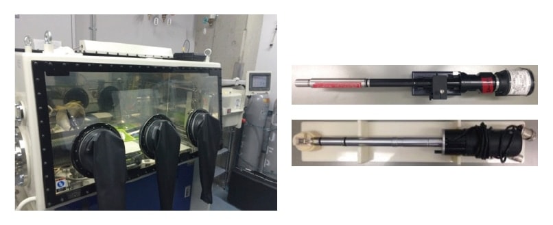 Fig. 3 Experimental setup for TEM observation of sulfide-based solid electrolytes without exposure to air. Left: Glove box. Right: Vacuum TEM holder (upper) and heating TEM holder (lower).