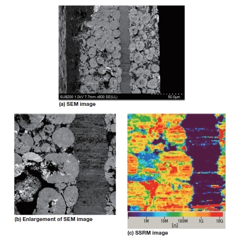 Fig. 11 Results of cross-section SEM-AFM observations of a cathode material for lithium-ion batteries