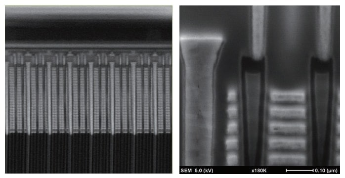 Fig. 3　Left: Real-time monitoring via FF mode (Acc: 2 kV, field of view: 6 µm) Right: High-resolution observation via HR mode (Acc: 5 kV, field of view: 0.6 µm) Sample: Commercially available 3D-NAND flash memory