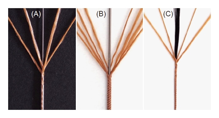 図5 作製した組紐の外観写真12）1束166本のZylon細繊維を、（A）4束使用し内部に外径0.2 mmのステンレス線、（B）8束使用し内部に外径0.5 mmのステンレス線、（C）4束使用し内部に1,000本の炭素繊維を、それぞれ内包させて作製した組紐
