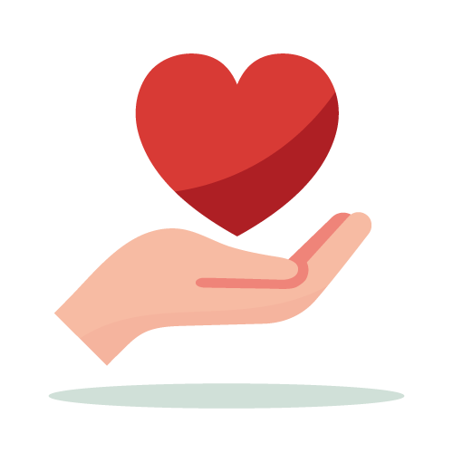 Icon of a heart held by a hand, representing health, safety, and well‑being.