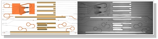 图1.光子设计布局的插图（左）和相应的制造出光子集成电路（右图）。