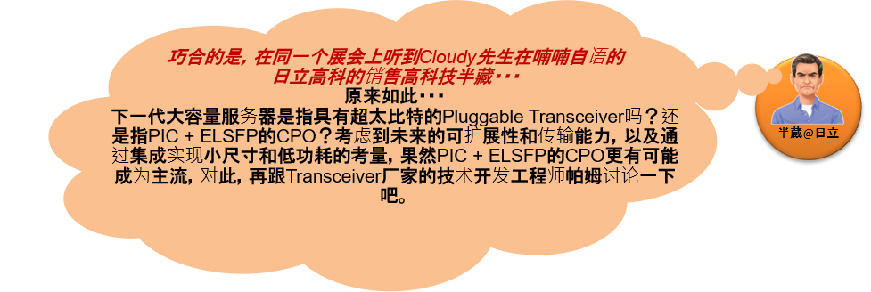 半蔵@日立: 巧合的是，在同一个展会上听到Cloudy先生在喃喃自语的
日立高科的销售高科技半藏・・・ 
原来如此・・・ 
下一代大容量服务器是指具有超太比特的Pluggable Transceiver吗？还是指PIC + ELSFP的CPO？考虑到未来的可扩展性和传输能力，以及通过集成实现小尺寸和低功耗的考量，果然PIC + ELSFP的CPO更有可能成为主流，对此，再跟Transceiver厂家的技术开发工程师帕姆讨论一下吧。