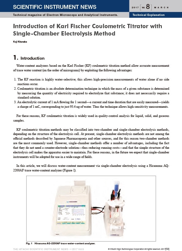Introduction of Karl Fischer Coulometric Titrator with Single-Chamber Electrolysis Method