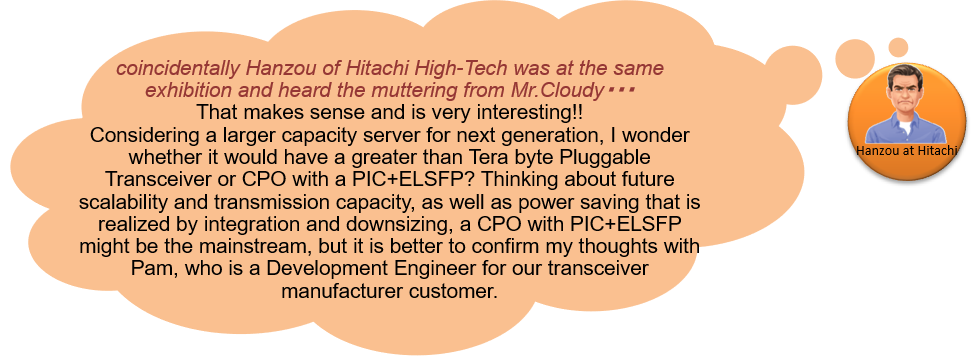 Hanzou at Hitachi: coincidentally Hanzou of Hitachi High-Tech was at the same exhibition and heard the muttering from Mr.Cloudy・・・
That makes sense and is very interesting!!
Considering a larger capacity server for next generation, I wonder whether it would have a greater than Tera byte Pluggable Transceiver or CPO with a PIC+ELSFP? Thinking about future scalability and transmission capacity, as well as power saving that is realized by integration and downsizing, a CPO with PIC+ELSFP might be the mainstream, but it is better to confirm my thoughts with Pam, who is a Development Engineer for our transceiver manufacturer customer.