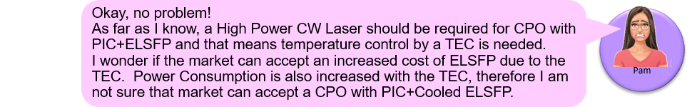 Pam: Okay, no problem!
As far as I know, a High Power CW Laser should be required for CPO with PIC+ELSFP and that means temperature control by a TEC is needed. 
I wonder if the market can accept an increased cost of ELSFP due to the TEC.  Power Consumption is also increased with the TEC, therefore I am not sure that market can accept a CPO with PIC+Cooled ELSFP.