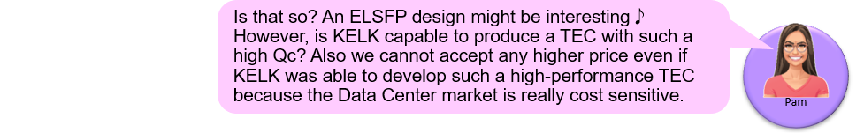 Pam: Is that so? An ELSFP design might be interesting♪
However, is KELK capable to produce a TEC with such a high Qc? Also we cannot accept any higher price even if KELK was able to develop such a high-performance TEC because the Data Center market is really cost sensitive.