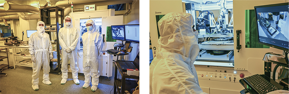 Cleanroom Personnel Supporting VLC Photonics PIC Testing Services (Left) and Technician Adjusting the Automated PIC Testing Tool (Right)