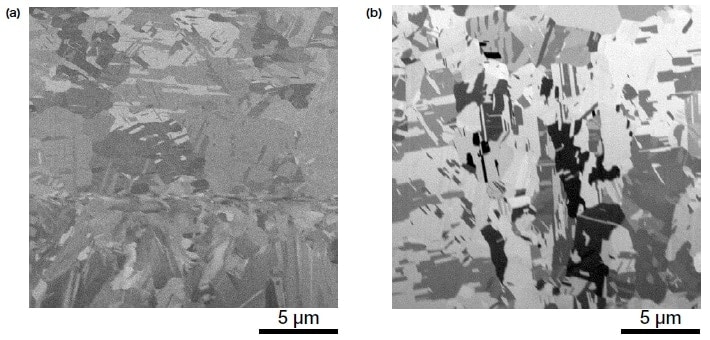 Comparison of (a) SEM and (b) SIM images of copper-foil interconnects on a printed circuit board
