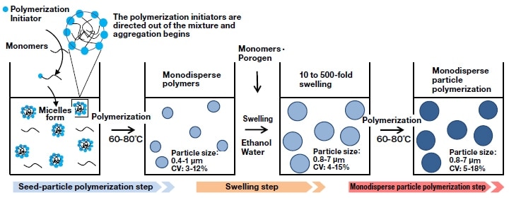 Seed polymerization method for synthesizing monodisperse particles.