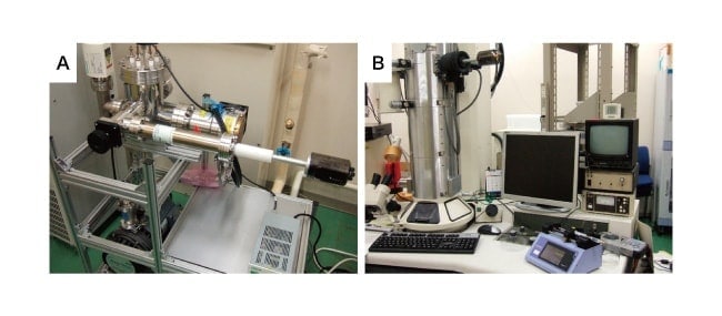 Fig. 4  (A) Checking for leaks immediately before an observation. (B) When installed in TEM. To flow solution, a syringe pump is connected through a PEEK tube.