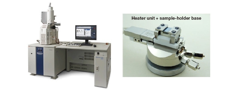 Fig. 1 The SU5000 scanning electron microscope system (left) and the Murano from Gatan Inc. (right), a sample-heating stage supported by the SU5000.