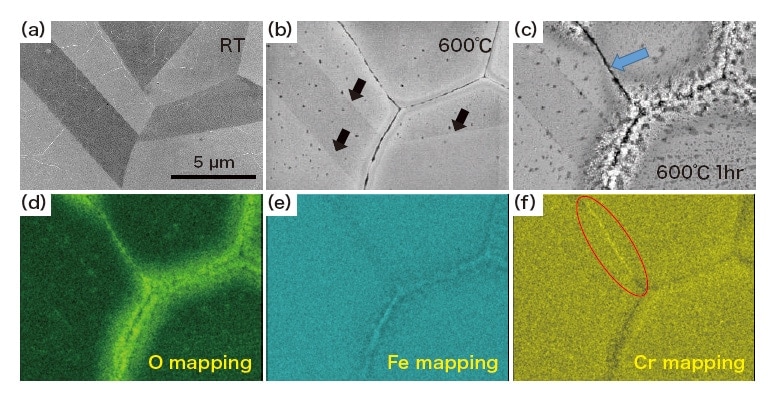 Fig. 6 (b,c): Secondary electron images acquired at 600°C. (d,e,f): Elemental mapping images for O, Fe, and Cr.