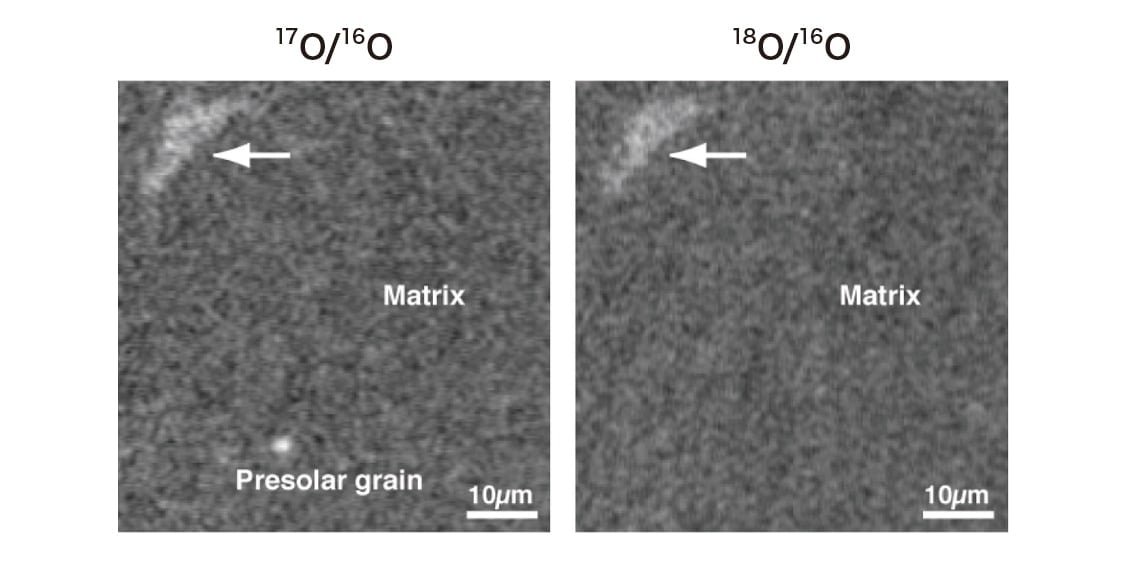 Fig. 5 Oxygen isotope-ratio image of a meteorite sample. The image shows (a) presolar grains, rich in 17O alone, as well as (b) regions rich in both 17O and 18O (arrows); both (a) and (b) are embedded in a surrounding matrix of uniform isotopic composition.