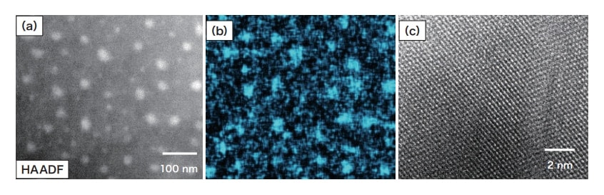 Fig. 11 Pb grains in α-Cu: (a) HAADF image, (b) Pb map, and (c) crystal-lattice image of Pb grains.