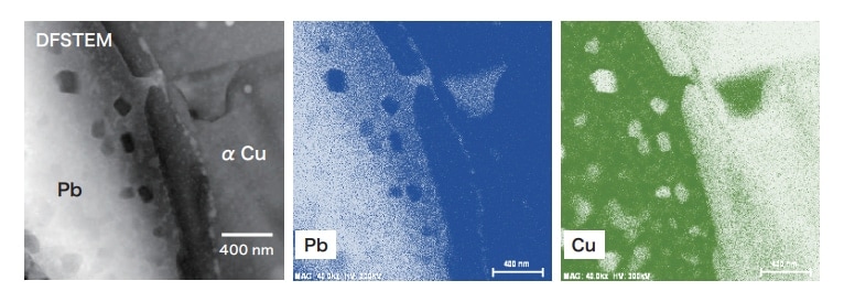Fig. 12 Dark-field scanning TEM (DFSTEM) image of large Pb grains, and Pb and Cu maps.
