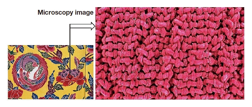 Fig. 7 Microscopy image of red flower petals in peony pattern formed on bingata garment.