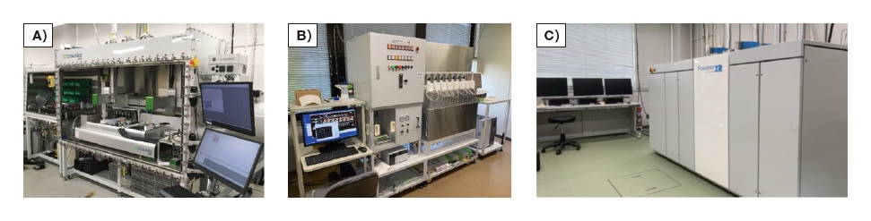 Fig. 2 High-throughput laboratory instruments. A) Automated catalyst synthesizer. B,C) 8-channel and 16-channel flow reactors used to evaluate catalytic activity.