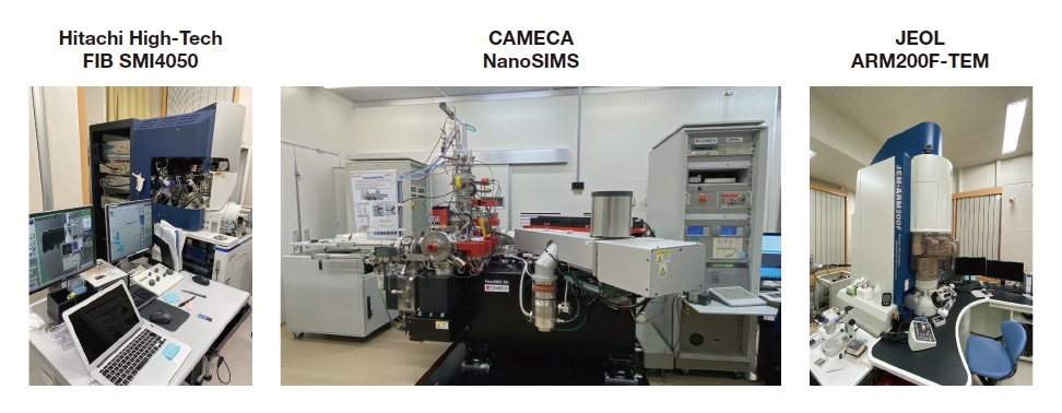 Fig. 4 Laboratory instruments at the JAMSTEC Kochi Core Center: focused Ion beam system (FIB), nanoscale scanning secondary ion mass analyzer (NanoSIMS), and transmission electron microscope (TEM). The FIB system, which plays a key role in sample preparation, has proven particularly essential for Ryugu research. Image credit: JAMSTEC/Phase2 Kochi