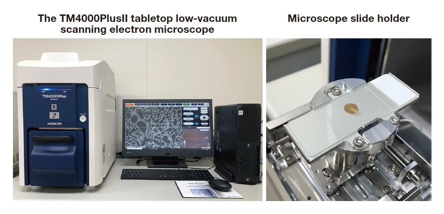 Fig. 1 TM4000PlusII tabletop scanning electron microscope(left). Slide holder(right). Slides can be easily placed and removed, and no height adjustment is required.