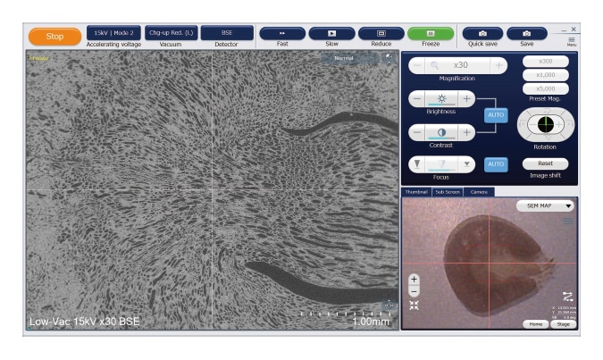 Fig. 9 Operating screen for TM4000PlusII. Real-time images of a section obtained by the CCD camera in the instrument(lower right) show the area to be observed at electron-microscopy resolution(left). This handy standard feature greatly simplifies CLEM.