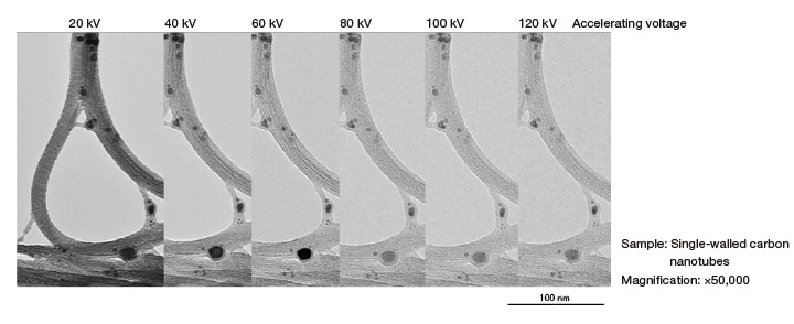 Fig. 8 Single-walled carbon nanotube sample observed at different accelerating voltages