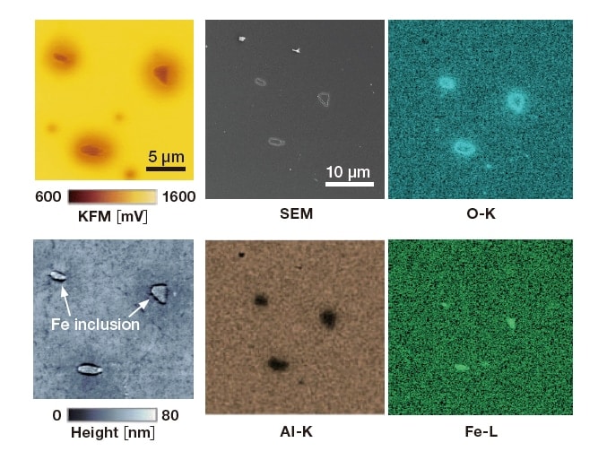 Fig. 11 Results of KFM/SEM/EDX measurements of a corroded Al alloy.