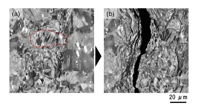 Fig. 5 In-situ SEM images of aluminum slab (a) before and (b) after rupture due to tensile stress.