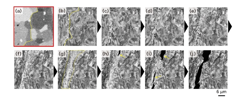 Fig. 6 In-situ SEM images of aluminum slab, extracted from a movie following the rupture process from the first application of tensile stress to the final rupture (accelerating voltage: 3 kV). Image (a) was acquired before the application of stress, while images (b-j) indicate various stages in the rupture process.
