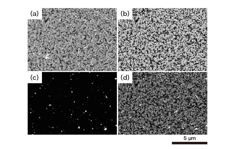 Fig. 3 Observation results for titanium dioxide nanoparticles (accelerating voltage: 3 kV) [(a) SE image. (b) BSE image. (c) CL image. (d) Overlay of CL image on BSE image]