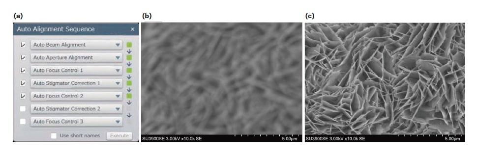 Fig. 3 Auto-alignment sequence (a) and SEM micrographs captured before (b) and after (c) automated calibration. (Sample: brass rust.)