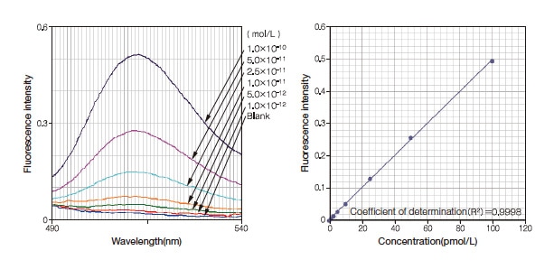 Fig. 3 Measured fluorescence spectra and calibration relation for fluorescein solutions of ultra-low concentration.