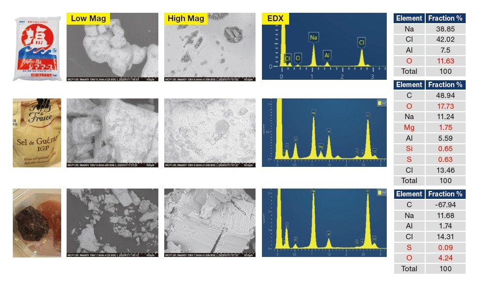 Fig. 1 SEM (backscattered-electron) images and results of EDX analysis (accelerating voltage 10 kV) for various types of salt.