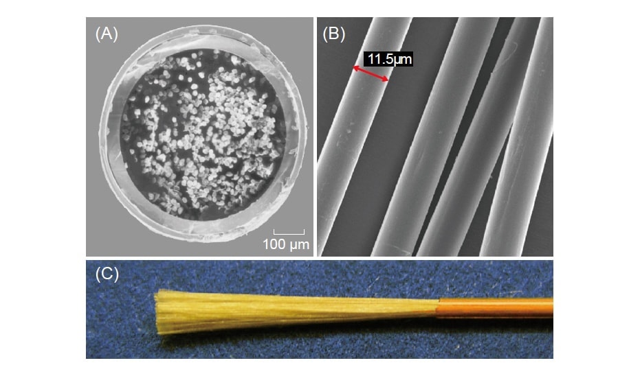 Fig. 2 Filament-packed capillary column for gas chromatography4,5). (A): Cross-sectional SEM image. (B): Higher-magnification SEM image of filaments. (C): Capillary column: A fused-silica capillary with a length of 1 m and an inner diameter of 0.53 mm packed with approximately 330 Zylon filaments.