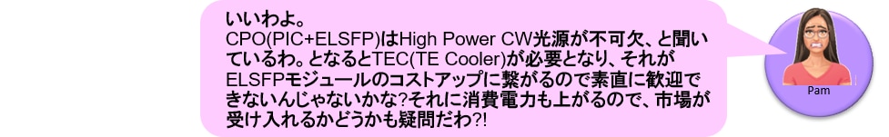 Pam: いいわよ。
CPO(PIC+ELSFP)はHigh Power CW光源が不可欠、と聞いているわ。となるとTEC(TE Cooler)が必要となり、それがELSFPモジュールのコストアップに繋がるので素直に歓迎できないんじゃないかな?それに消費電力も上がるので、市場が受け入れるかどうかも疑問だわ?!