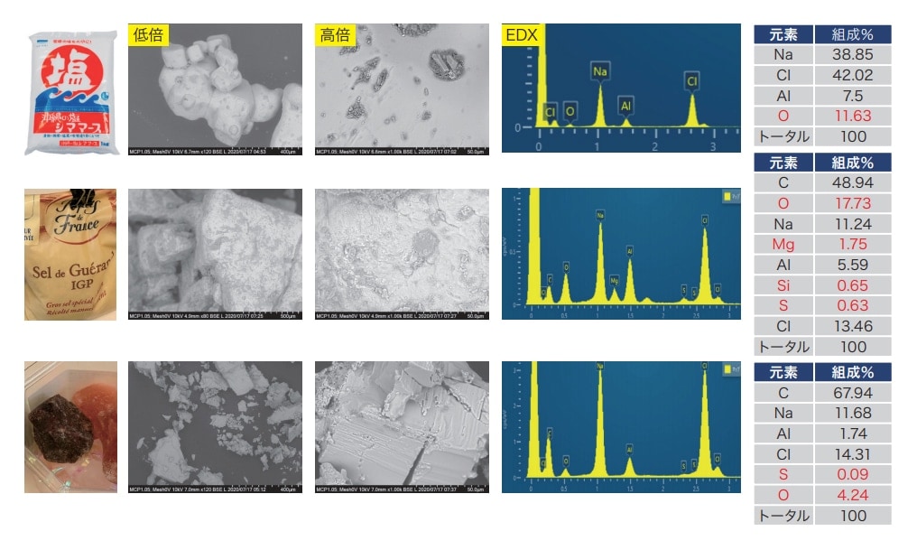 図１ いろいろな塩のSEM像（反射電子）とEDX分析結果（加速電圧 10 kV）