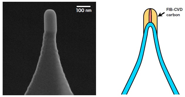 ナノカーボンプローブのSEM像と概略図