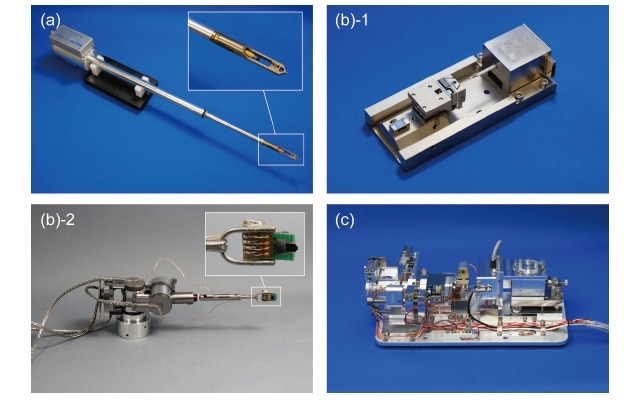 図3　（a）S-5500に用いている試験装置（Nanofactory専用開発品）、（b）SU8230に用いている試験装置（1. Hysitron PI85、2. Kleindiek Micromanipulator）、（c）SU5000に用いている試験装置（専用開発品）