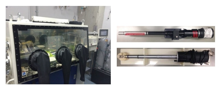 図3　硫化物系電解質を空気にさらさずにTEM観察するための実験環境 左：グローブボックス　右：真空TEMホルダー（上）と加熱用TEMホルダー（下）