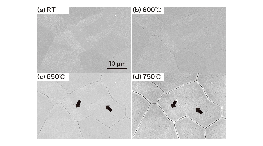 図4 SEM内で加熱その場観察時のSUS304の2次電子像の変化。矢印は双晶境界面を示す