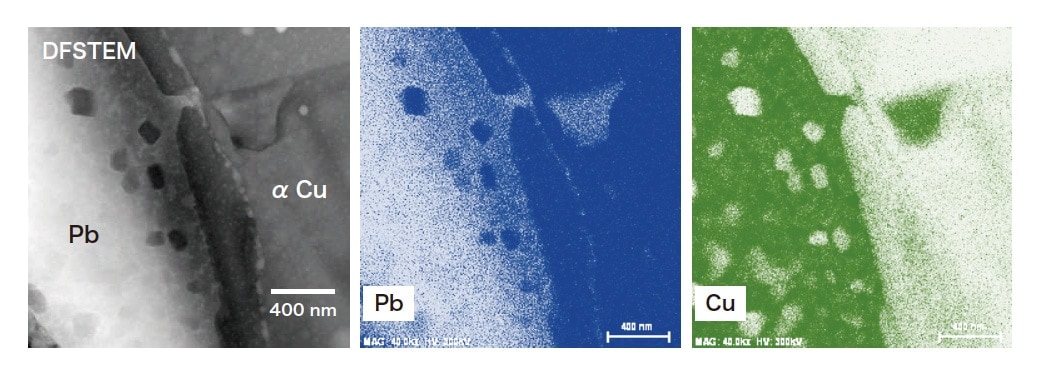 図12 粗⼤なPb 粒⼦の暗視野⾛査透過電⼦顕微鏡（DFSTEM）像とPb およびCu の分布像
