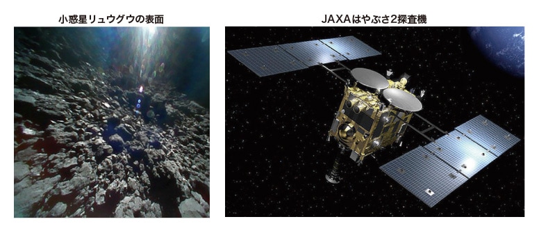 図1 小惑星リュウグウの表面とJAXAはやぶさ2探査機 画像クレジット：JAXA/Phase2 Kochi