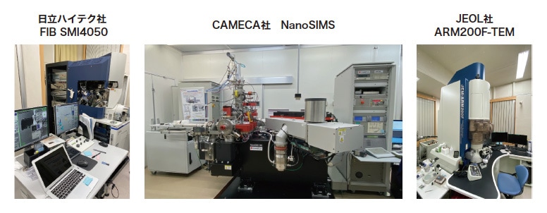 図4 JAMSTEC高知コア研究所所有の集束イオンビーム装置（FIB）、ナノスケール走査型二次イオン質量分析器（NanoSIMS）と透過型電子顕微鏡（TEM）。試料調整の要を担っているFIBはリュウグウの研究に大活躍した。 画像クレジット：JAMSTEC/Phase2 Kochi