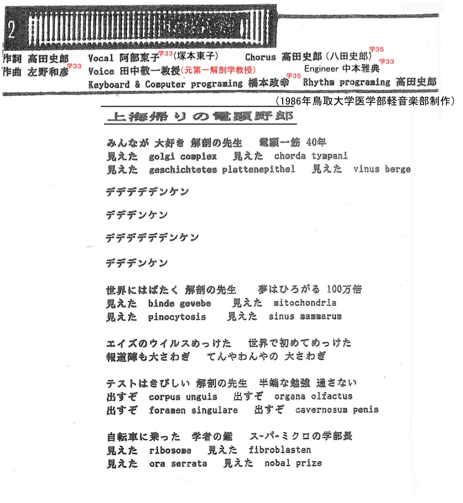 当時、鳥取大学の学生が制作した田中先生テーマ曲の歌詞カード。先生と学生の距離感がうかがえる。