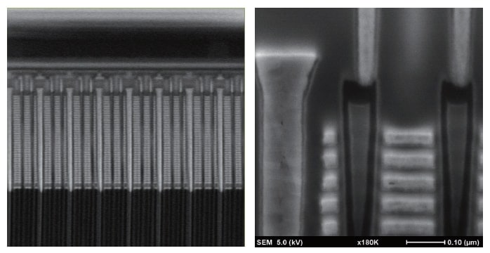 図3　（左）FFモードによるリアルタイム観察像（Acc：2 kV、視野サイズ：6 µm）、（右）HRモードによる高分解能観察像（Acc：5 kV、視野サイズ：0.6 µm）、試料：市販品の3D-NANDフラッシュメモリ