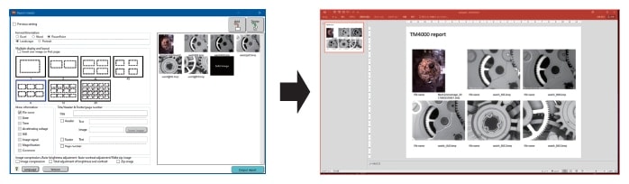 図4　レポート作成ソフト画面（左）と、作成したPowerpoint®形式のレポート（右）