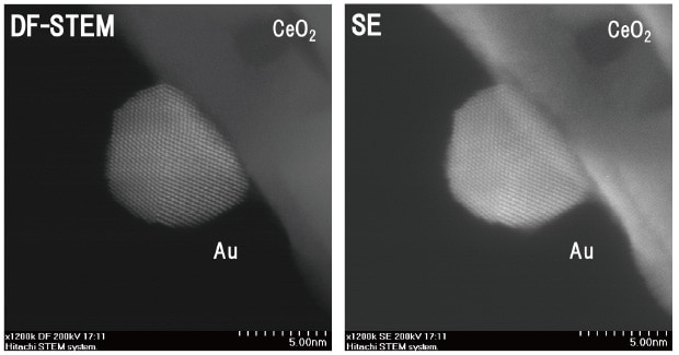 図8　CeO2に担持されたAu微粒子の触媒試料（春田触媒）の高分解能DF-STEM像とSE像
