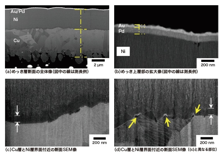 図4　FIBで作製したCu上のNi/Pd/Auめっき断面のSEM像
