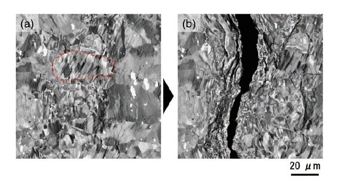 図5 アルミ板のin-situ引張観察例［（a）破断前および（b）破断後のSEM像］
